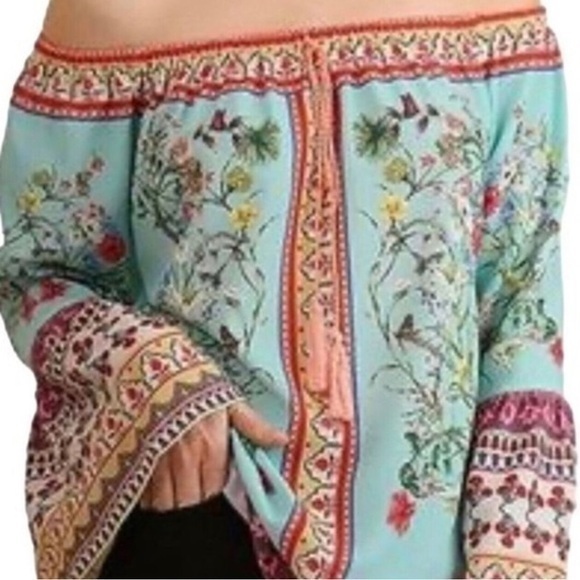 Umgee boho blouse‎ womens size medium teal coral florals off shoulder flowy - Picture 1 of 8